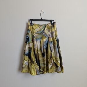 100% Silk Talbots Olive and Blue Abstract A-Line Skirt